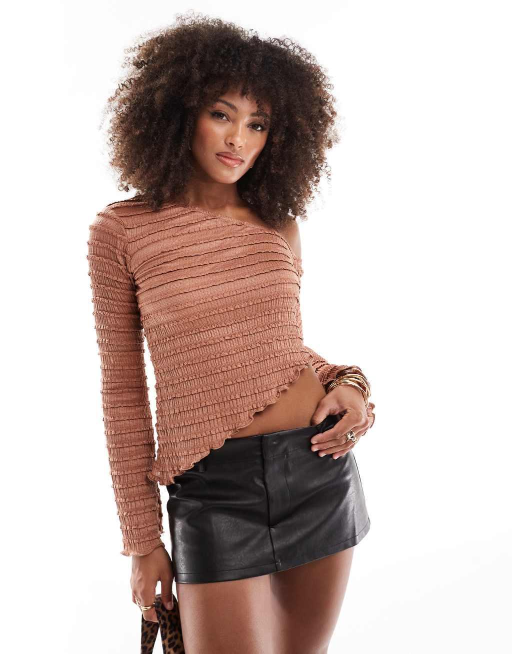 ASOS DESIGN one shoulder asymmetric top in brown texture Product Image