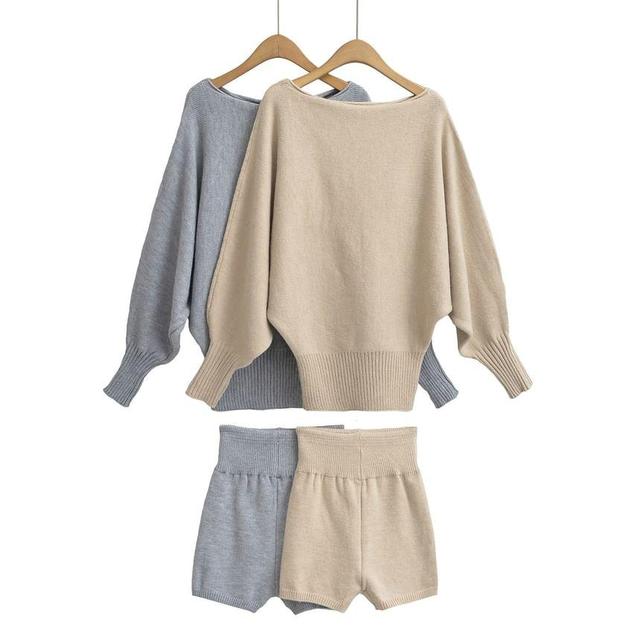 Set: Off-Shoulder Long-Sleeve Plain Pullover + High Waist Shorts Product Image