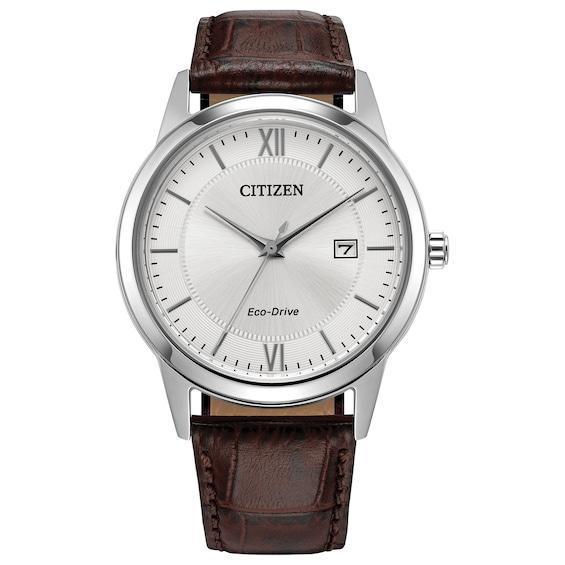 Menâs Citizen Eco-DriveÂ® Classic Brown Leather Strap Watch with Silver-Tone Dial (Model: Aw1780-25A) Product Image