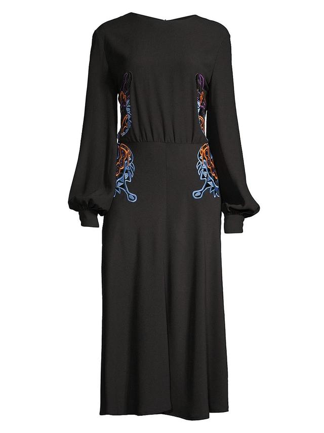 Womens Embroidered Balloon-Sleeve Midi-Dress Product Image