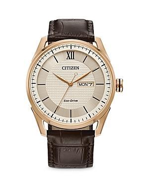 Men's Citizen Eco-DriveÂ® Classic Rose-Tone Leather Strap Watch with Ivory Dial (Model: Aw0082-01A) Product Image