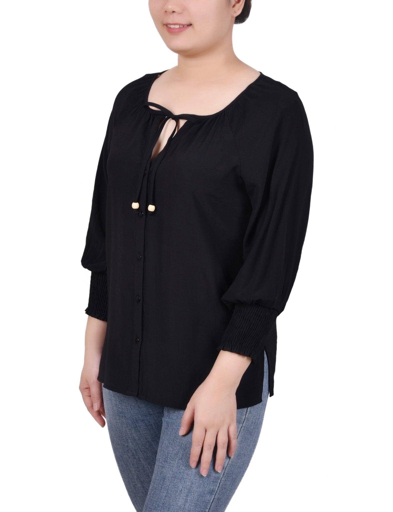 3/4 Sleeve Button Front Blouse - Petite Product Image