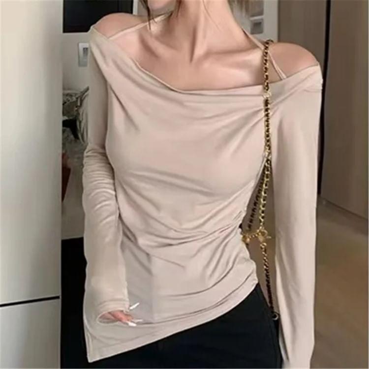 Long Sleeve Cold-Shoulder Plain T-Shirt Product Image