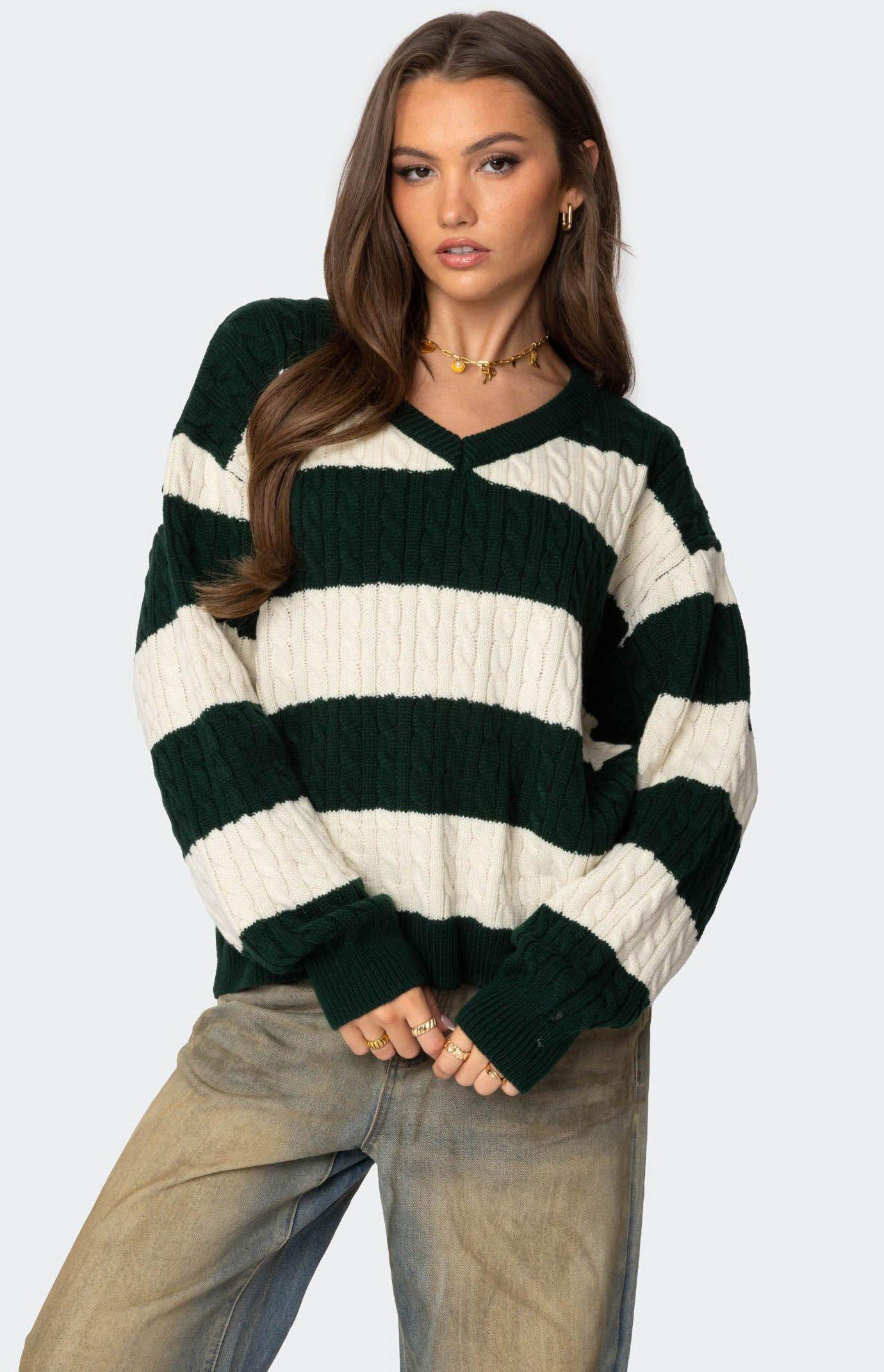 Edikted Women's Oversized Striped Cable Knit Sweater Product Image