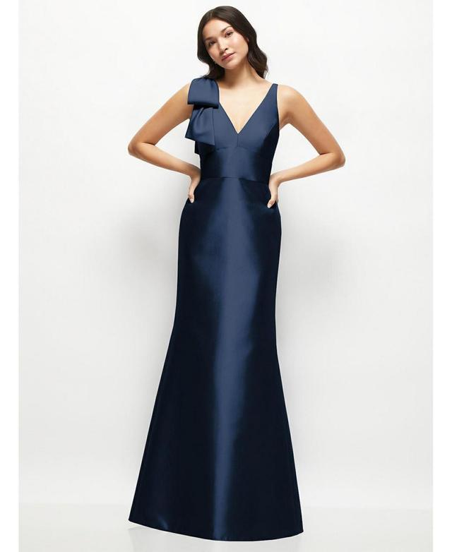 Alfred Sung Womens Deep V-back Satin Trumpet Dress with Cascading Bow at One Shoulder Product Image