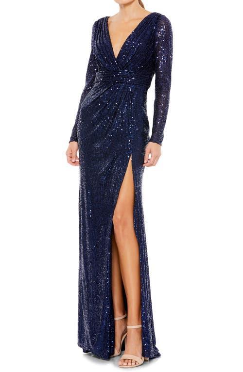 Mac Duggal Sequin Long Sleeve Faux Wrap Gown Product Image