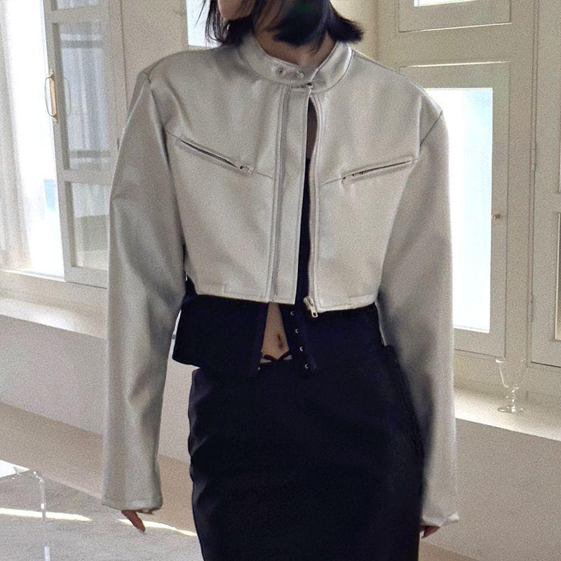 Long Sleeve Stand Collar Faux Leather Zip-Up Crop Jacket Product Image