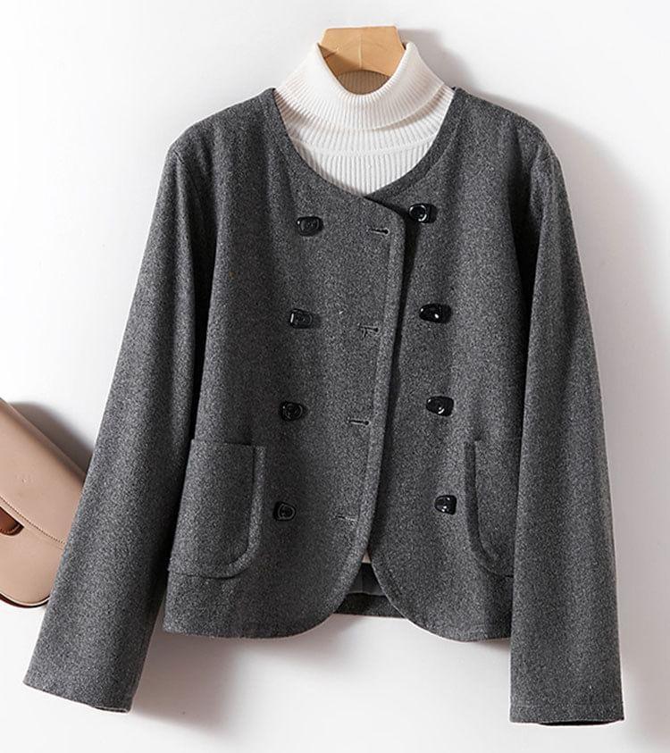 Round Neck Plain Double Breasted Short Coat Product Image