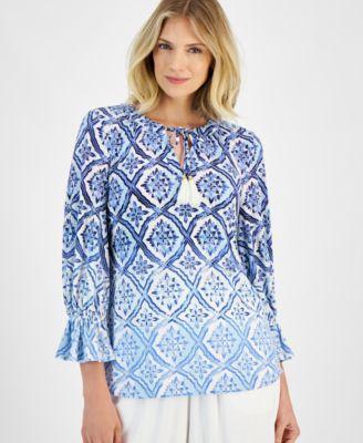 Jm Collection Womens Printed 3/4 Sleeve Tassle Top, Created for Macys Product Image