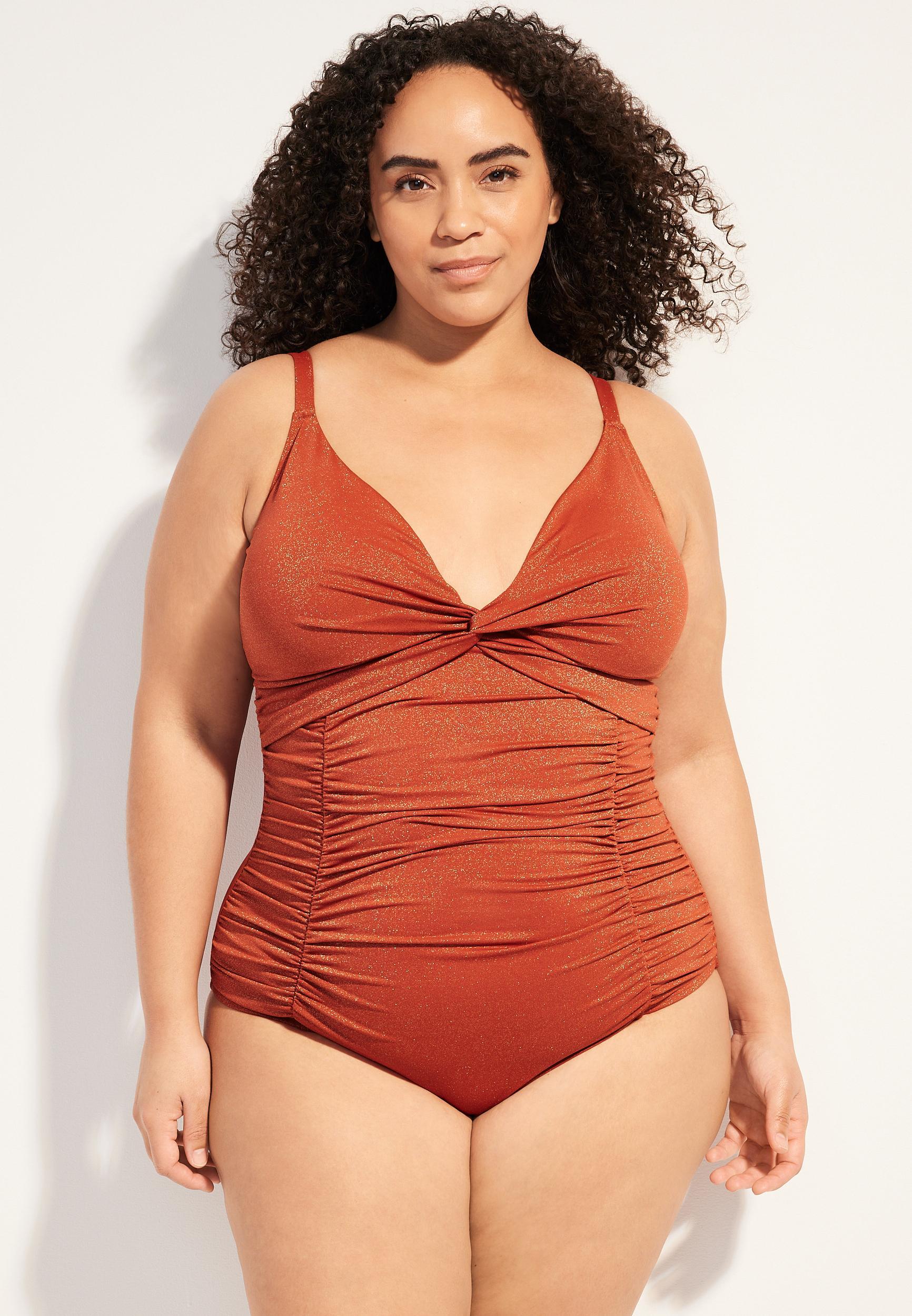 Maurices Plus Size Womens Sparkle Ruched One Piece Swimsuit Orange Size 3X Product Image