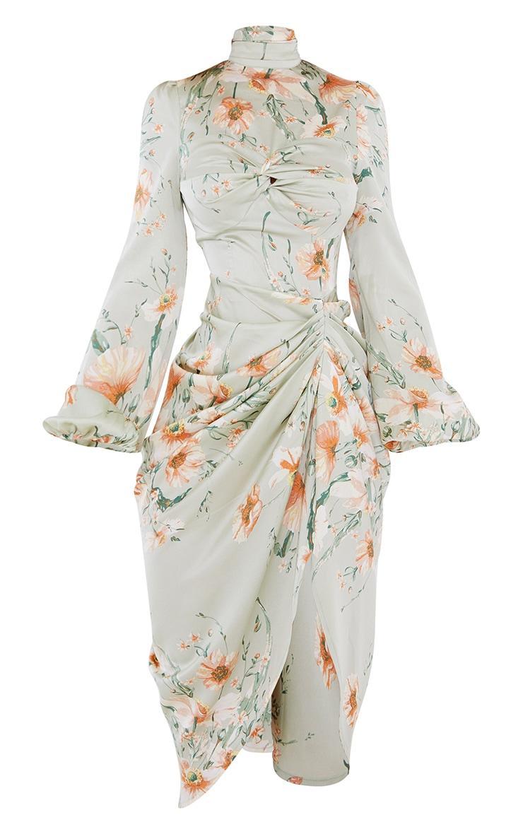 Sage Green Floral Twist Bust Draped Midi Dress Product Image