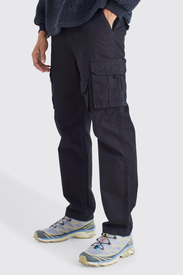 Mens Black Straight Leg Multi Cargo Trouser With Woven Tab, Black Product Image