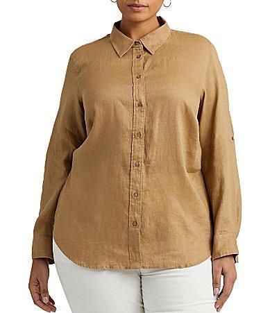 Lauren Ralph Lauren Plus Size Point Collar Long Roll-Tab Sleeve Button Front Linen Shirt Product Image