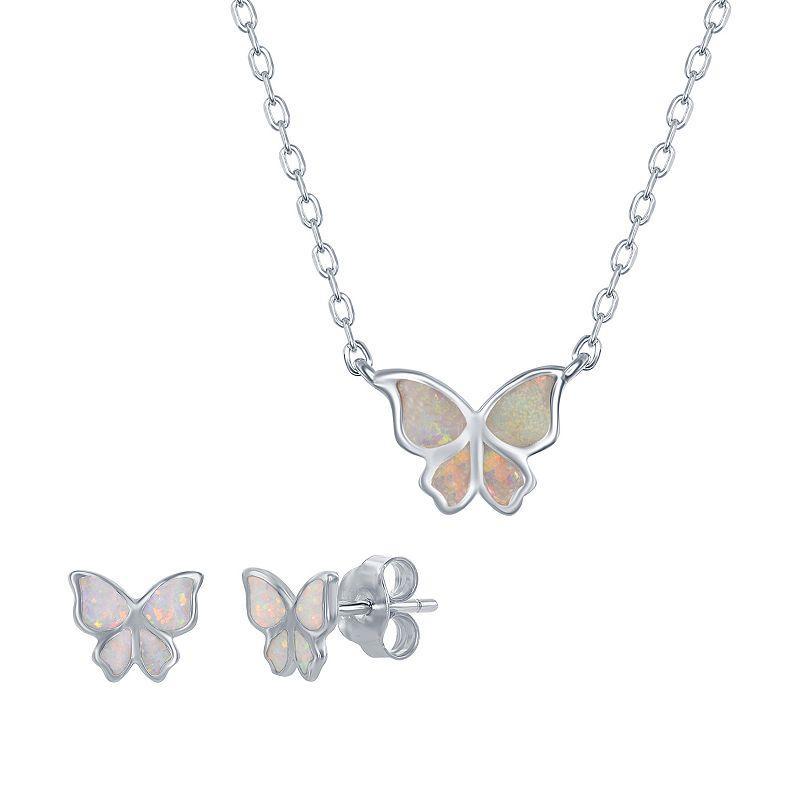 Sterling Silver Lab-Created Opal Butterfly Necklace & Earrings Set, Womens White Product Image