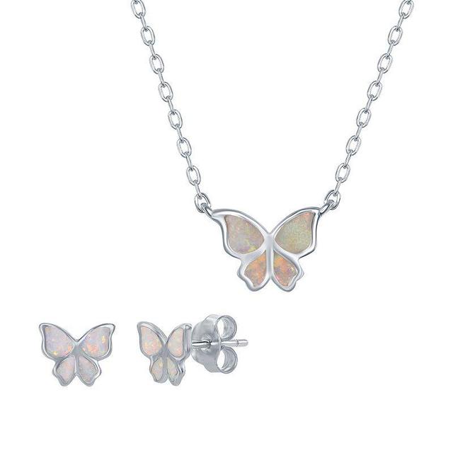 Sterling Silver Lab-Created Opal Butterfly Necklace & Earrings Set, Womens White Product Image