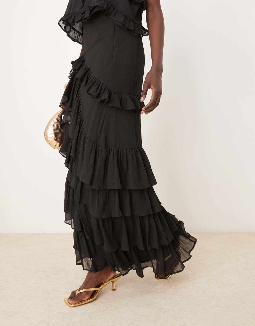 ASOS DESIGN chiffon ruffle maxi skirt in black Product Image