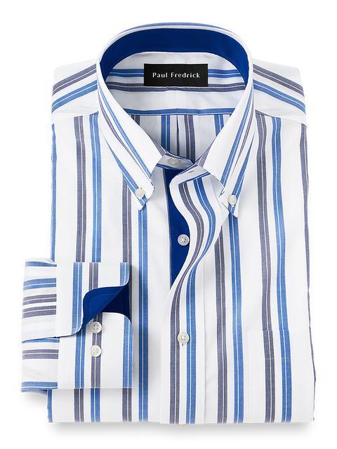 Non-Iron Cotton Stripe Dress Shirt With Contrast Trim - Blue Product Image