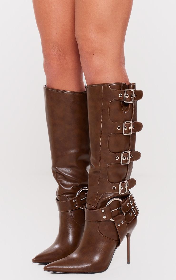 Chocolate PU Point Toe Buckle Detail Knee High Heeled Boots Product Image