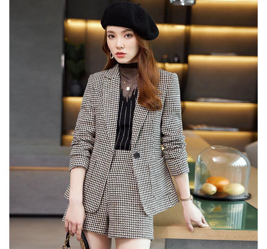 One Buttoned Plaid Blazer / High Waist Dress Shorts Product Image