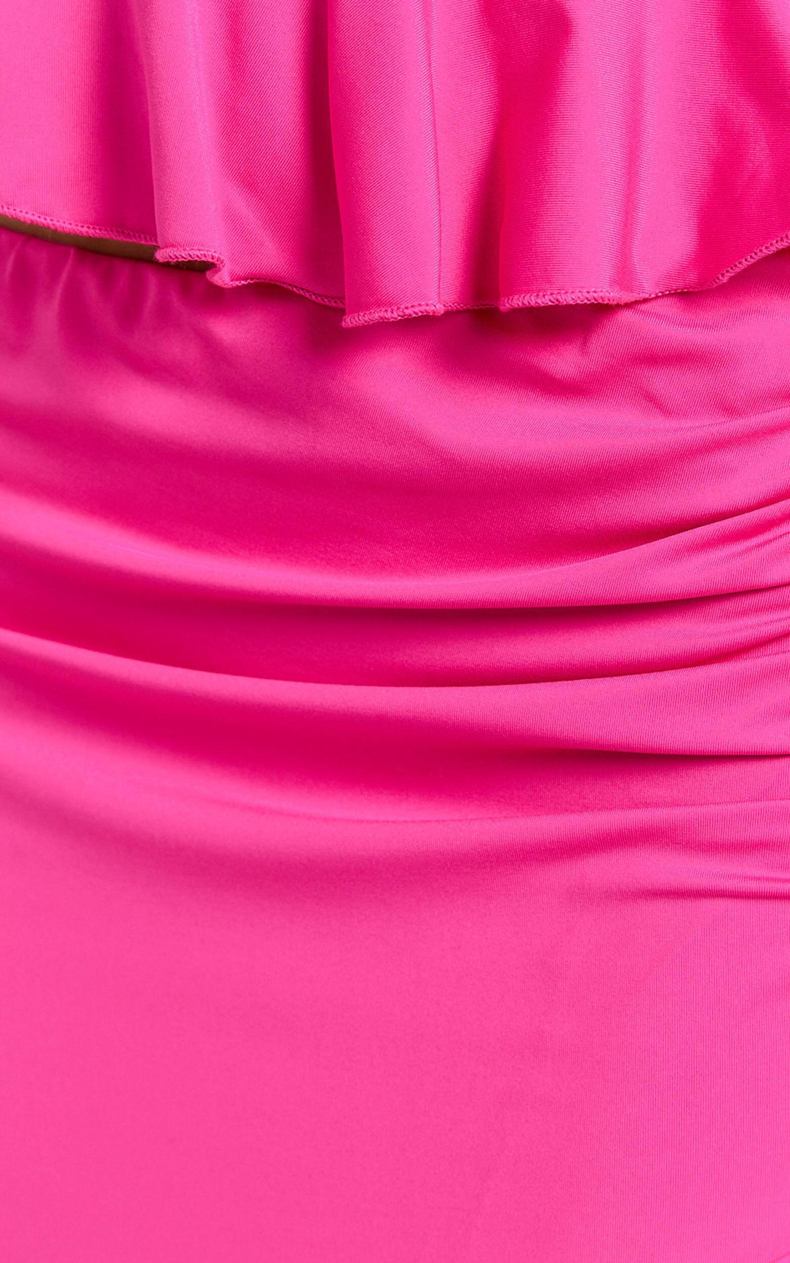 Tess Two Piece Set - Jersey Asymmetric Ruffle Strapless Top And Midi Skirt in Fuchsia Pink Product Image