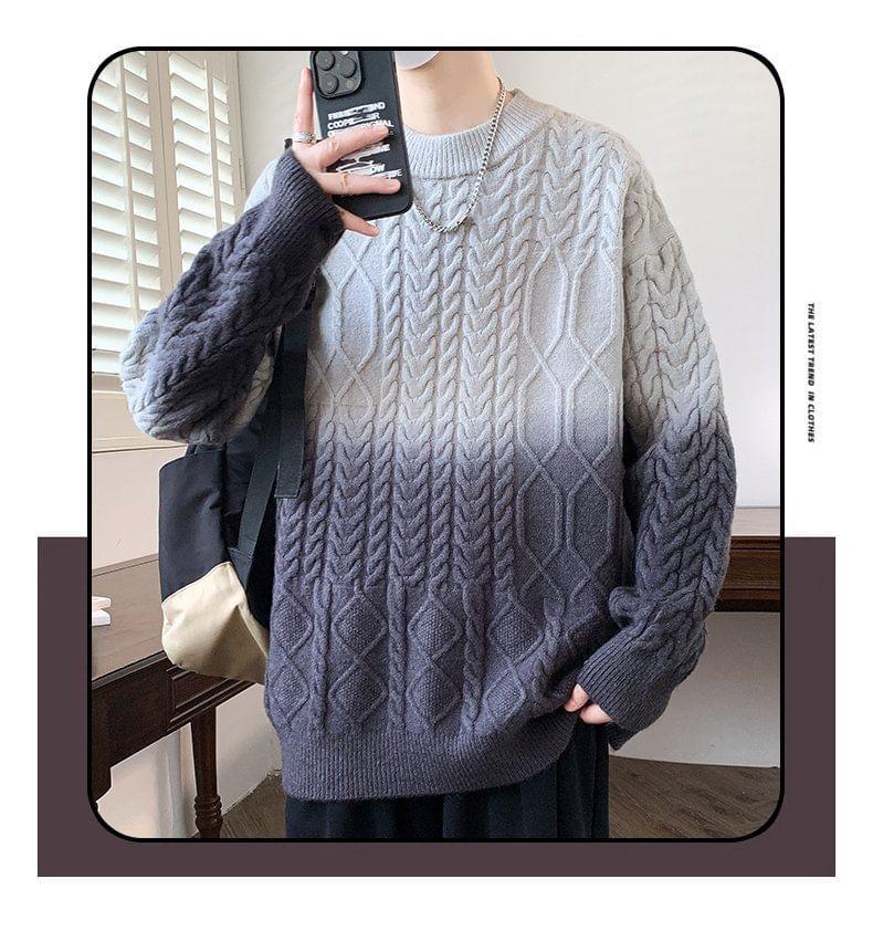 Crew Neck Gradient Cable Knit Sweater Product Image