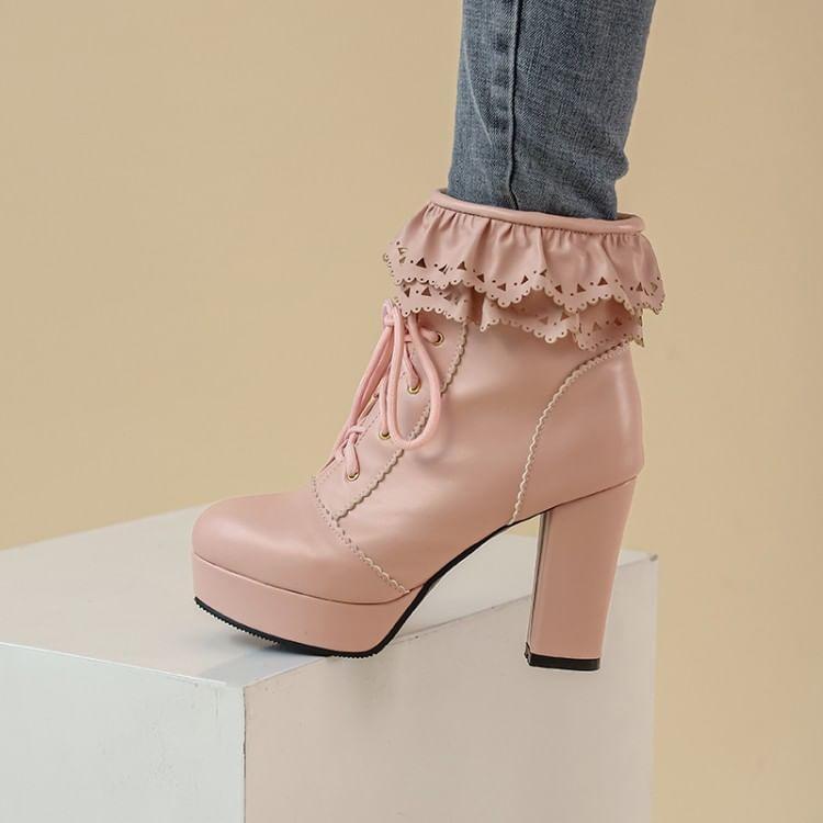 Block Heel Frill Trim Lace-Up Shoes Product Image