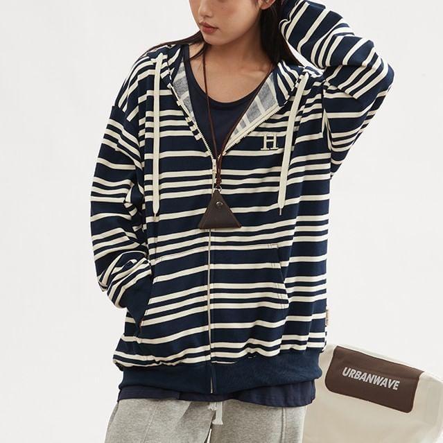 Drop Shoulder Striped Zip Up Hoodie Product Image