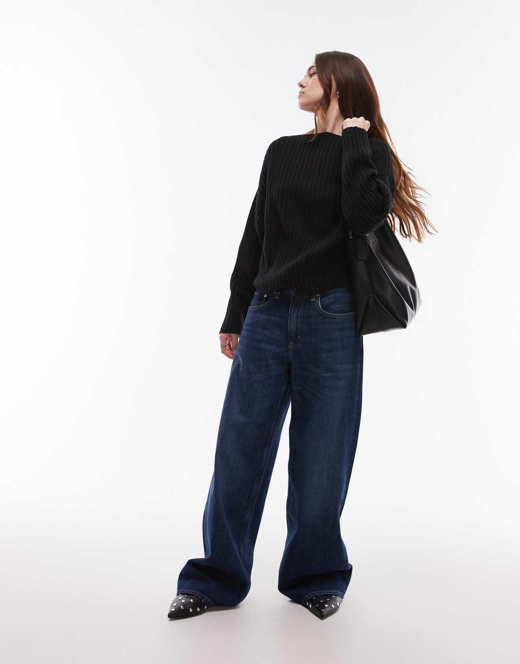 ARKET wool knit sweater with asymmetric off-shoulder in black Product Image