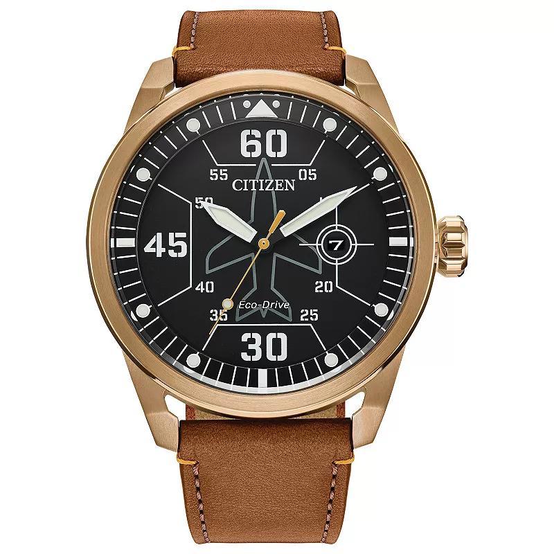 Citizen Eco-Drive Mens Avion Weekender Brown Leather Strap Watch 45mm - Black Product Image