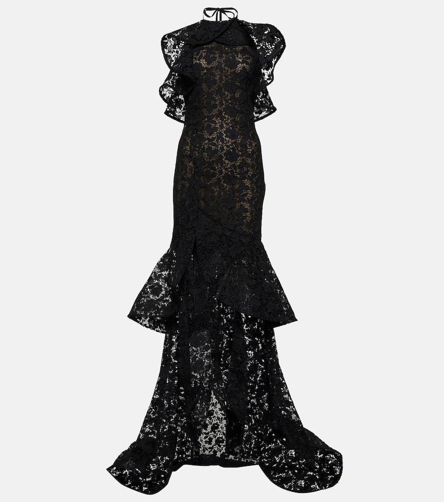 OSCAR DE LA RENTA Ruffled Gardenia Guipure Gown In Black Product Image