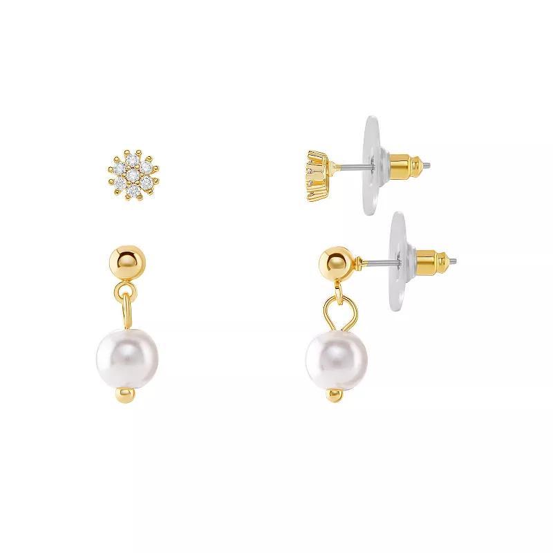 Emberly Gold Tone Pave Cubic Zirconia Flower Stud and Simulated Pearl Drop Earrings Duo Set, Womens, Yellow Gold Tone Product Image