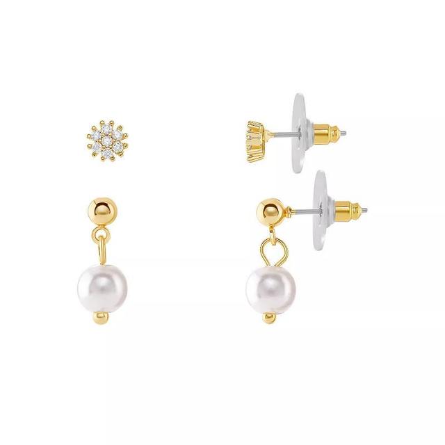 Emberly Gold Tone Pave Cubic Zirconia Flower Stud and Simulated Pearl Drop Earrings Duo Set, Womens, Yellow Product Image