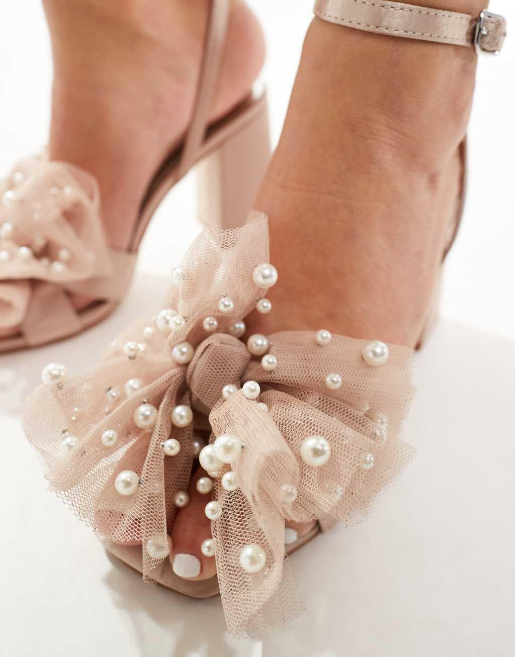 Be Mine Wide Fit Bridal Issa tulle pearl bow block heel sandals in blush Product Image