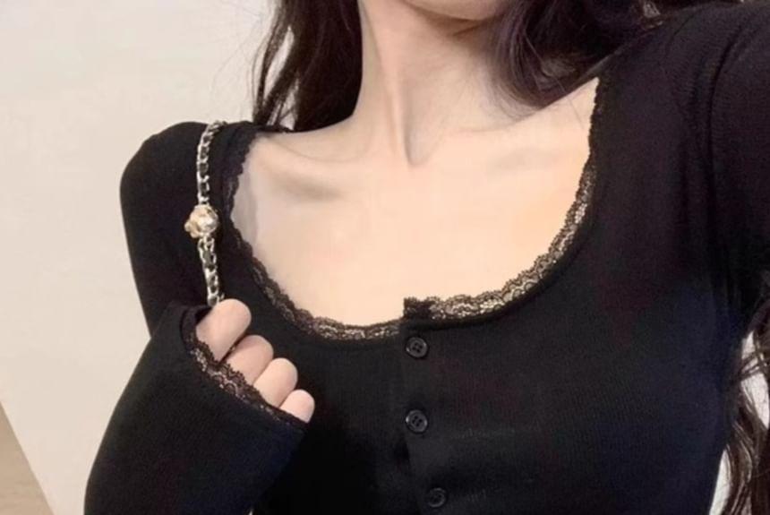 Long-Sleeve Square Neck Plain Lace Trim Button Slim Fit Top Product Image