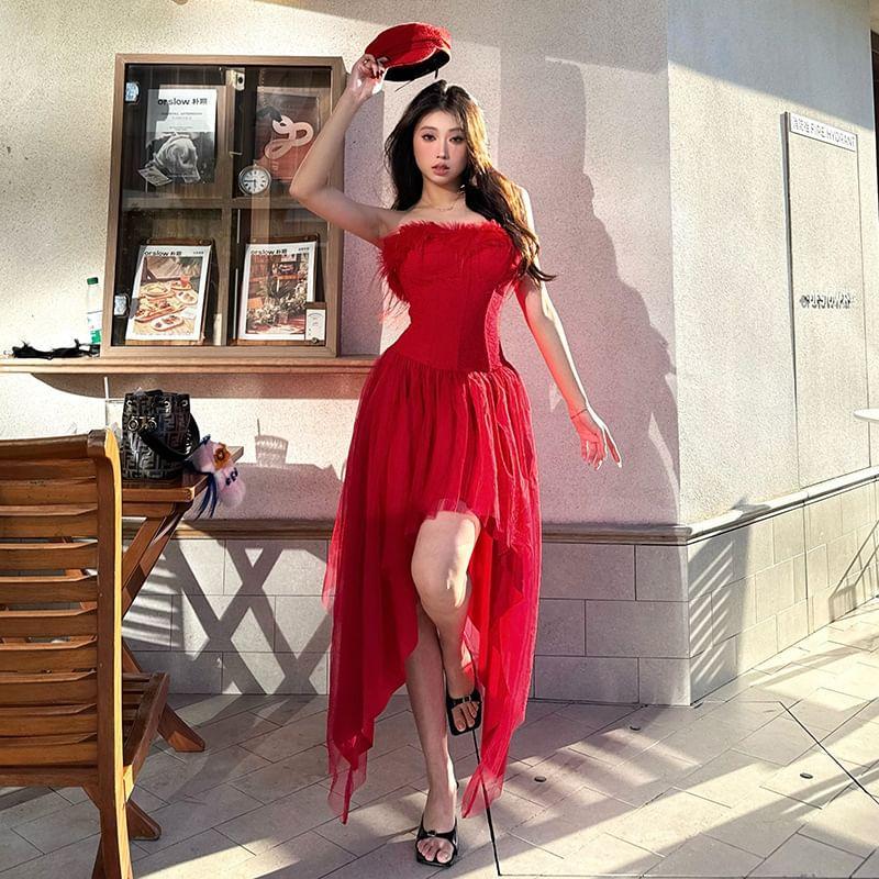 Sleeveless Furry-Trim Plain Slim-Fit Asymmetric-Hem Mini A-Line Dress Product Image