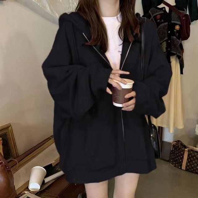 Plain Zip Oversized Hoodie Product Image