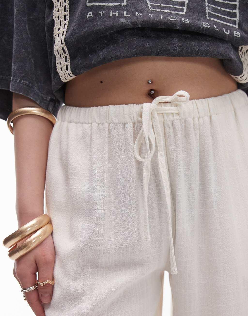 Topshop petite linen tie waist pants in white Product Image