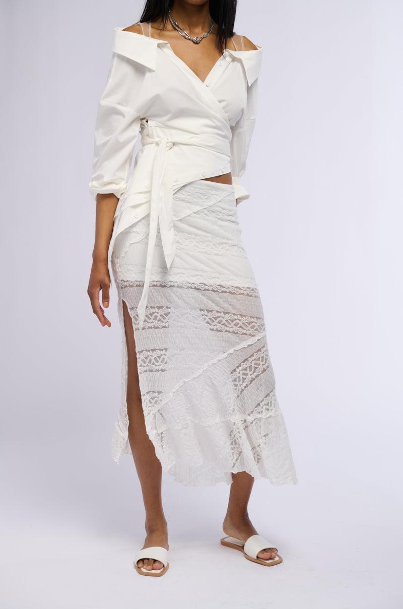 EMELIA LACE TRIM TIERED MIDI SKIRT Product Image