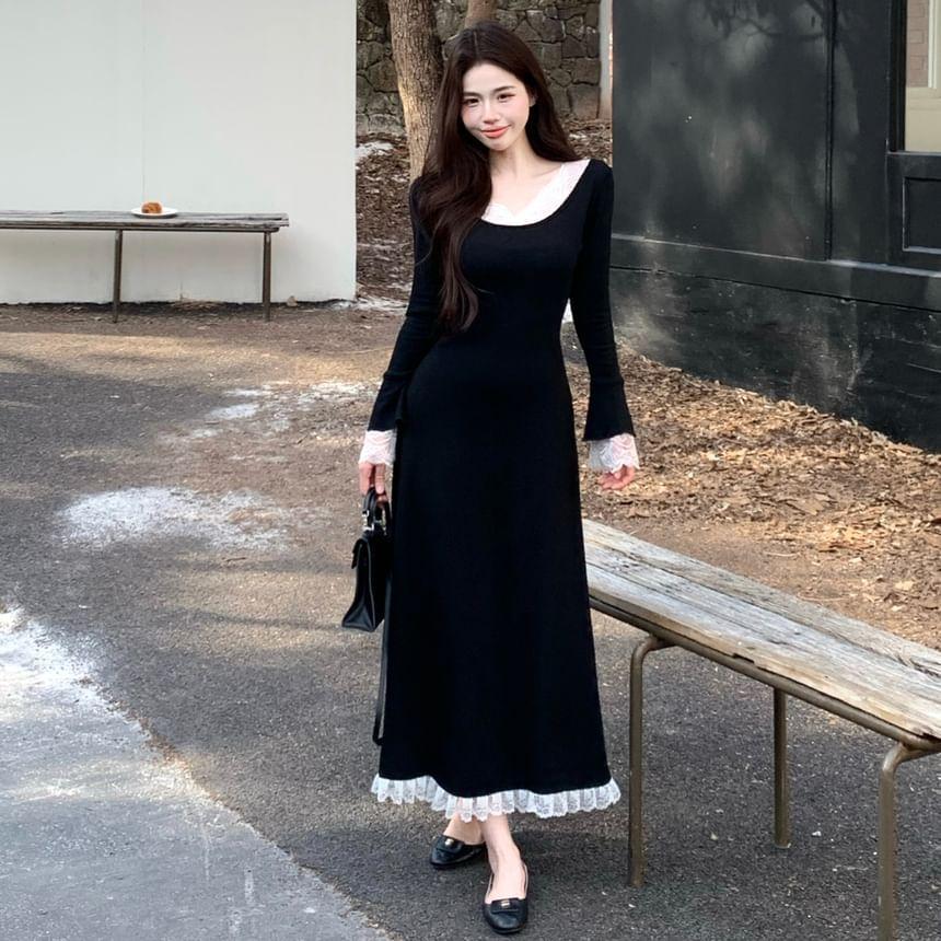 Long-Sleeve Off Shoulder Lace Trim Maxi A-Line Dress Product Image