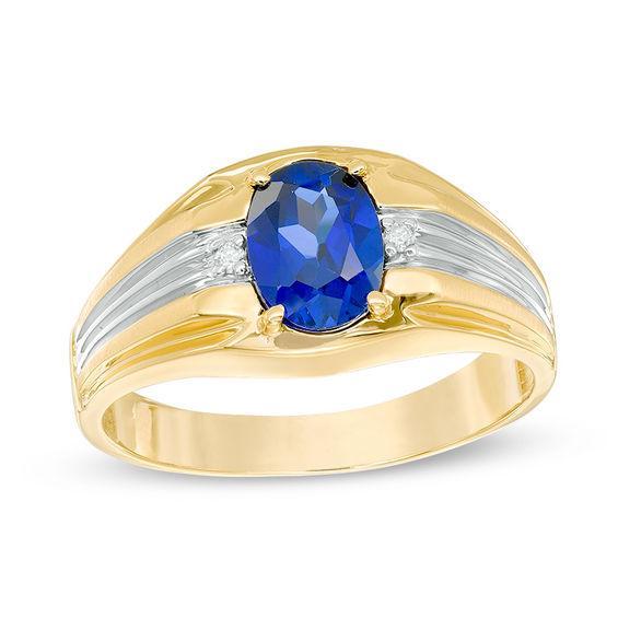 Men's Oval Lab-Created Blue Sapphire and Diamond Accent Ring in 10K Two-Tone Gold Product Image