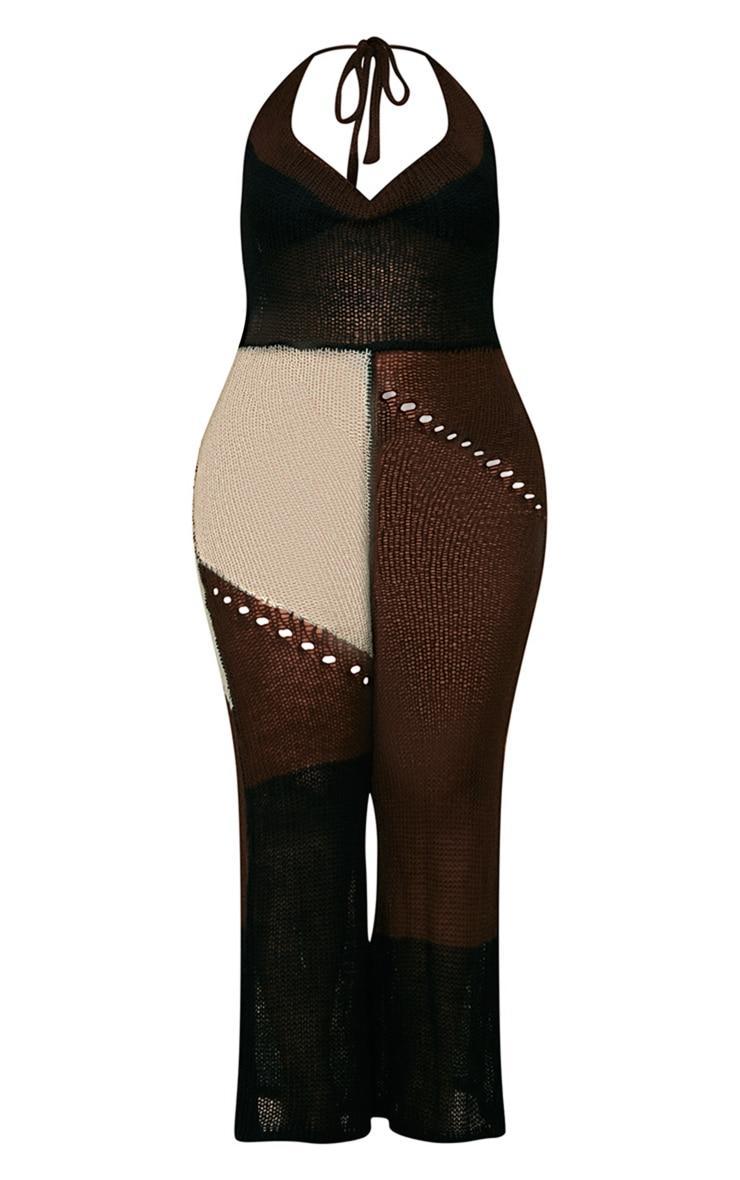 Plus Brown Sheer Knitted Halterneck Flare Leg Jumpsuit Product Image