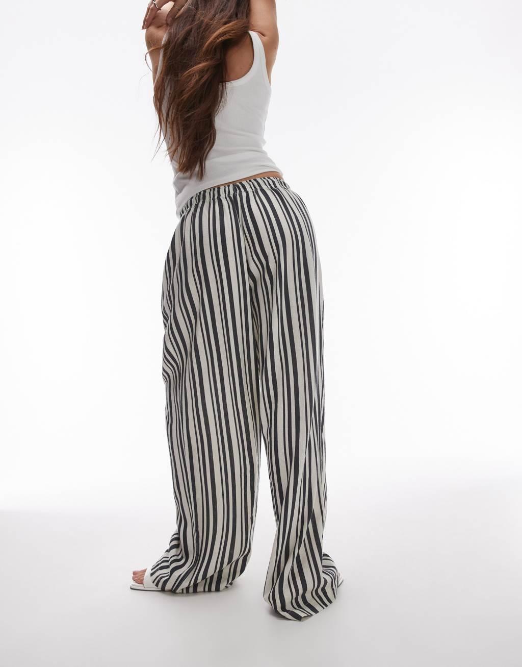 Topshop stripe linen wide leg pants in mono Product Image