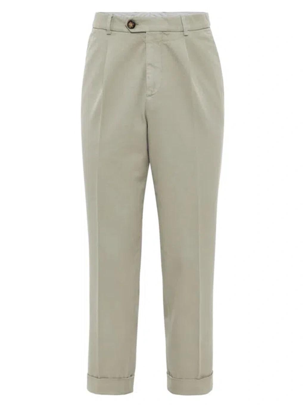 BRUNELLO CUCINELLI Pressed-crease Cotton Trousers In Sage product image