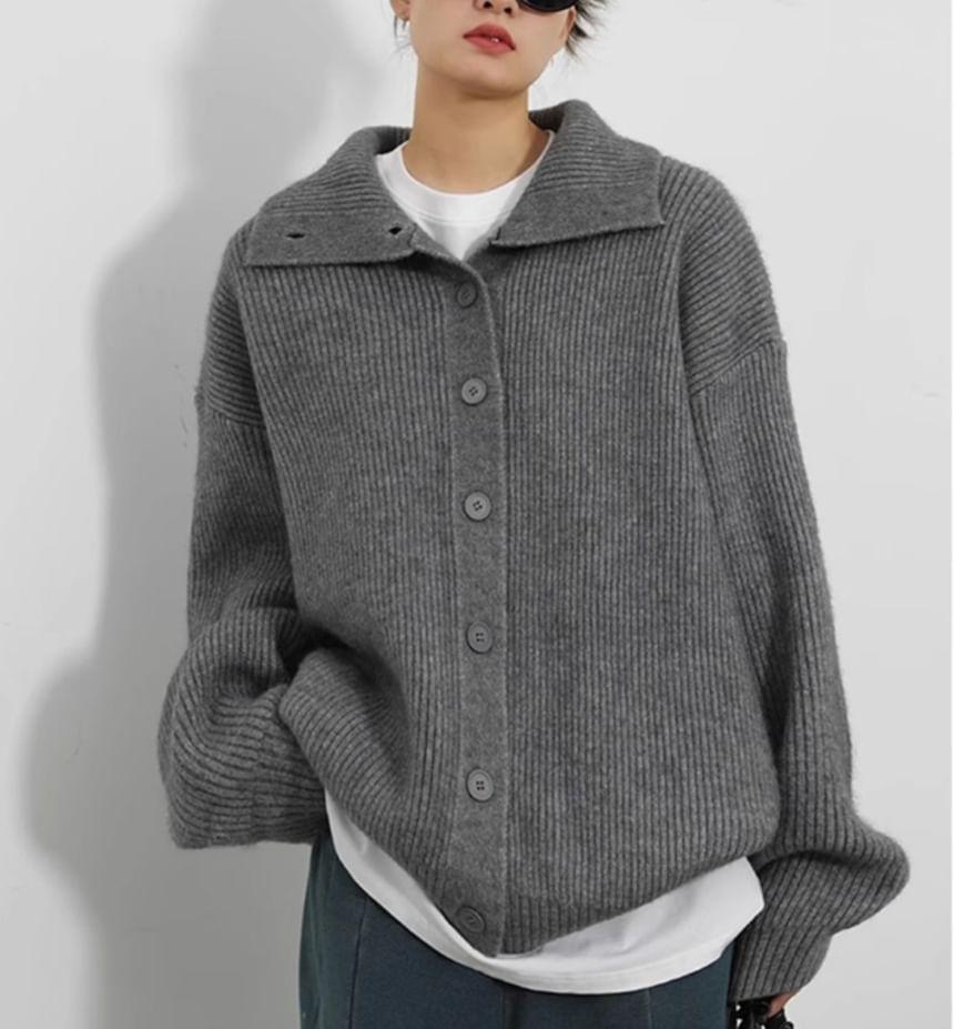 Plain Ribbed Button-Up Cardigan Product Image