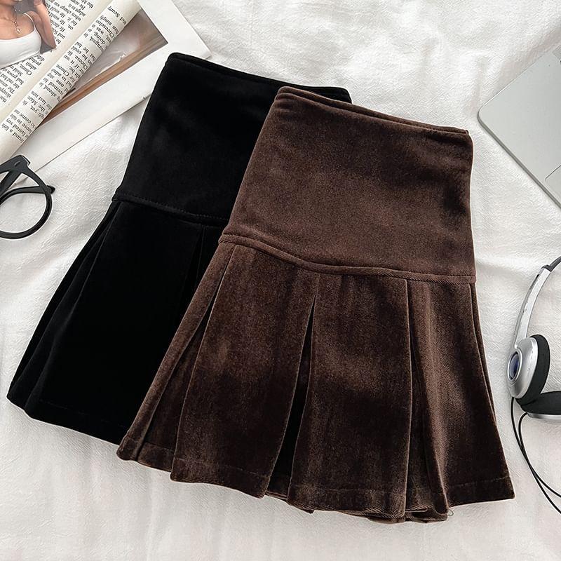 High Waist Velvet Mini A-Line Skirt Product Image