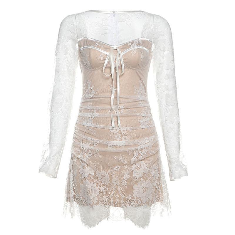 Long-Sleeve Square Neck Lace Mini A-Line Dress Product Image