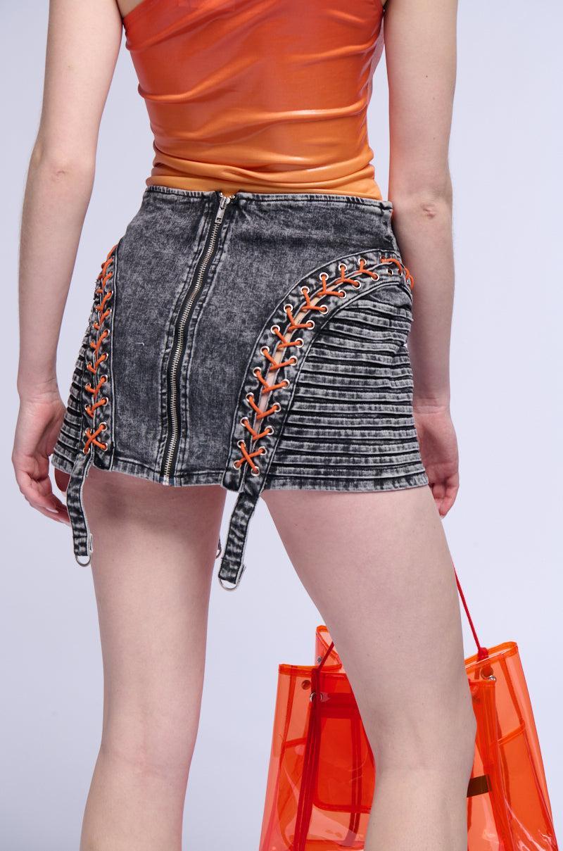 DISTRESSED DENIM LACE UP MINI SKIRT Product Image