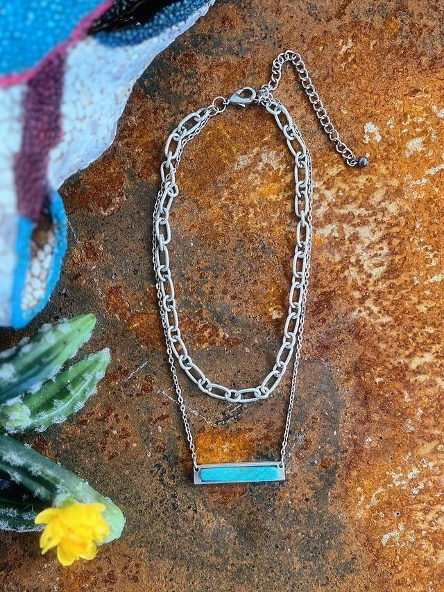 Chunky Chain Paired With Small Chain Turquoise Bar Necklace Product Image