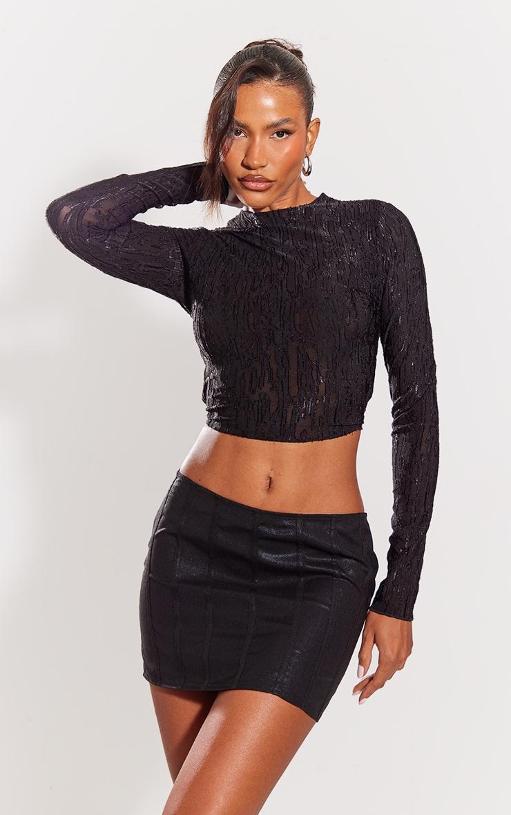 Black Textured Long Sleeve Open Back Crop Top Product Image