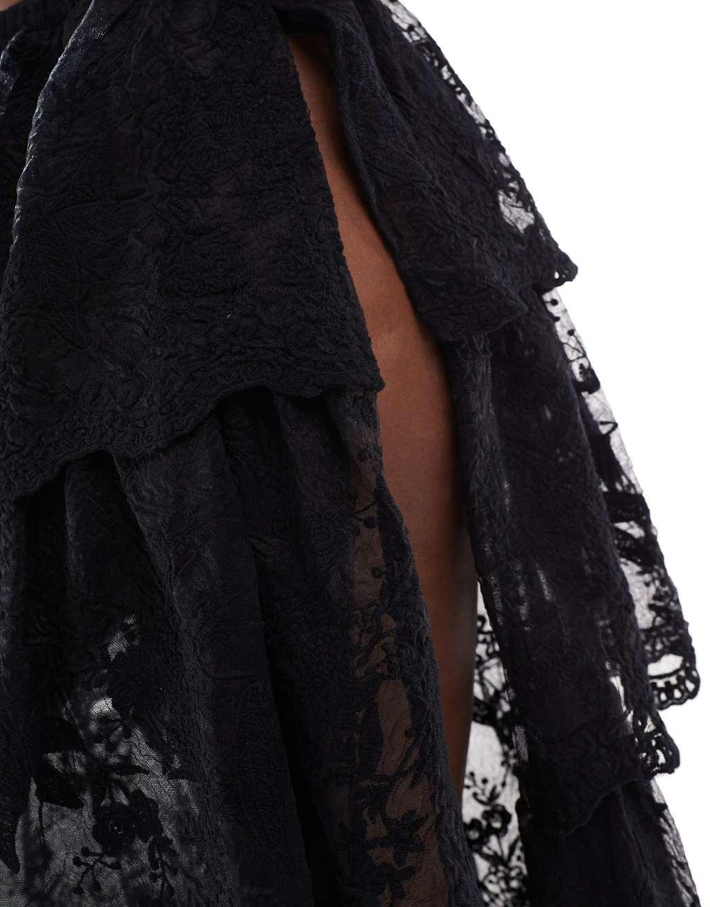 Miss Selfridge premium beach tiered lace maxi skirt in black Product Image